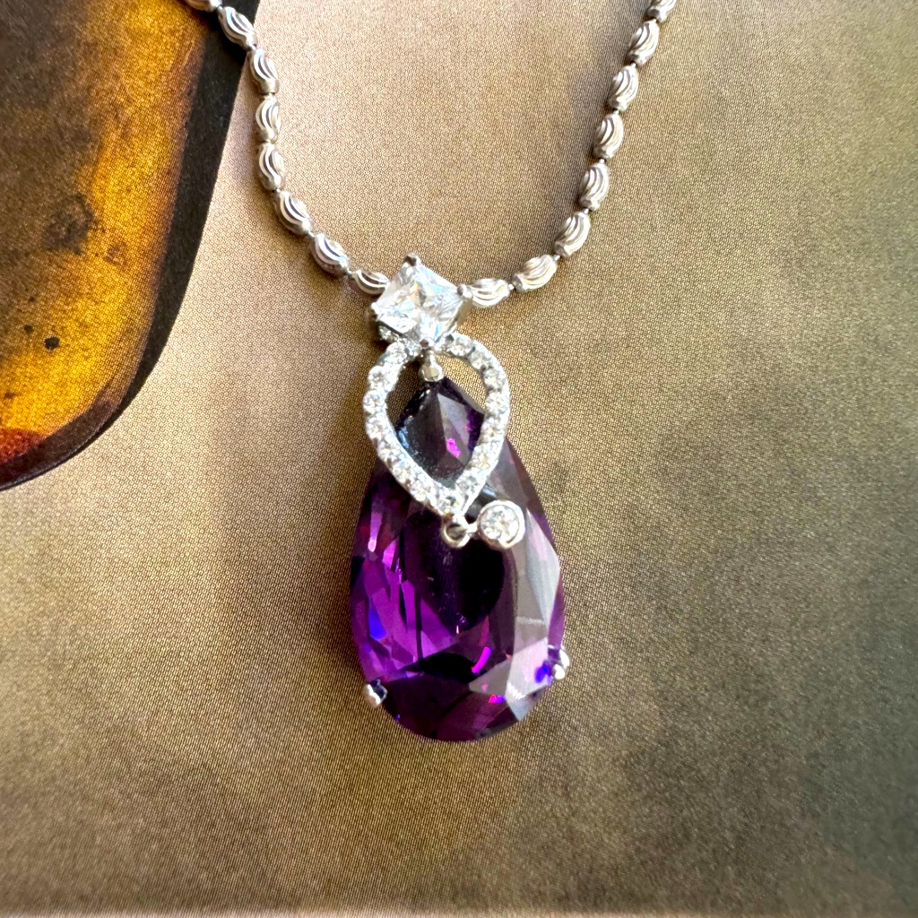 Nwt925 Sterling Silver Amethyst With Cz Pendant,14 Kw White Gold Rhodium Plated.